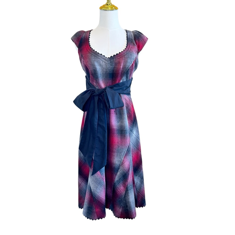 Anthropologie Floreat Lothian Plaid Dress 6 Red/Gray Wool/Silk Cap Sleeves Midi
